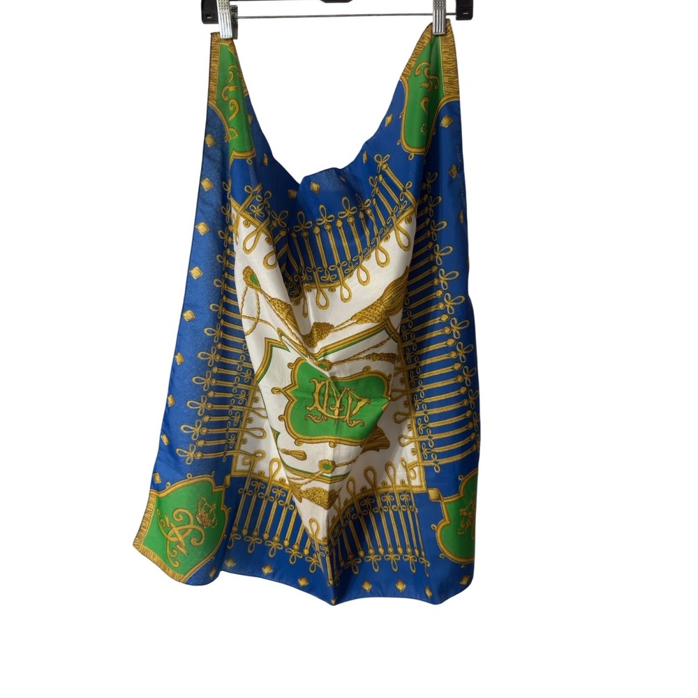Dominique Martine‎ Silk Scarf Blue Green Gold Equestrian Tassel Crest Square
